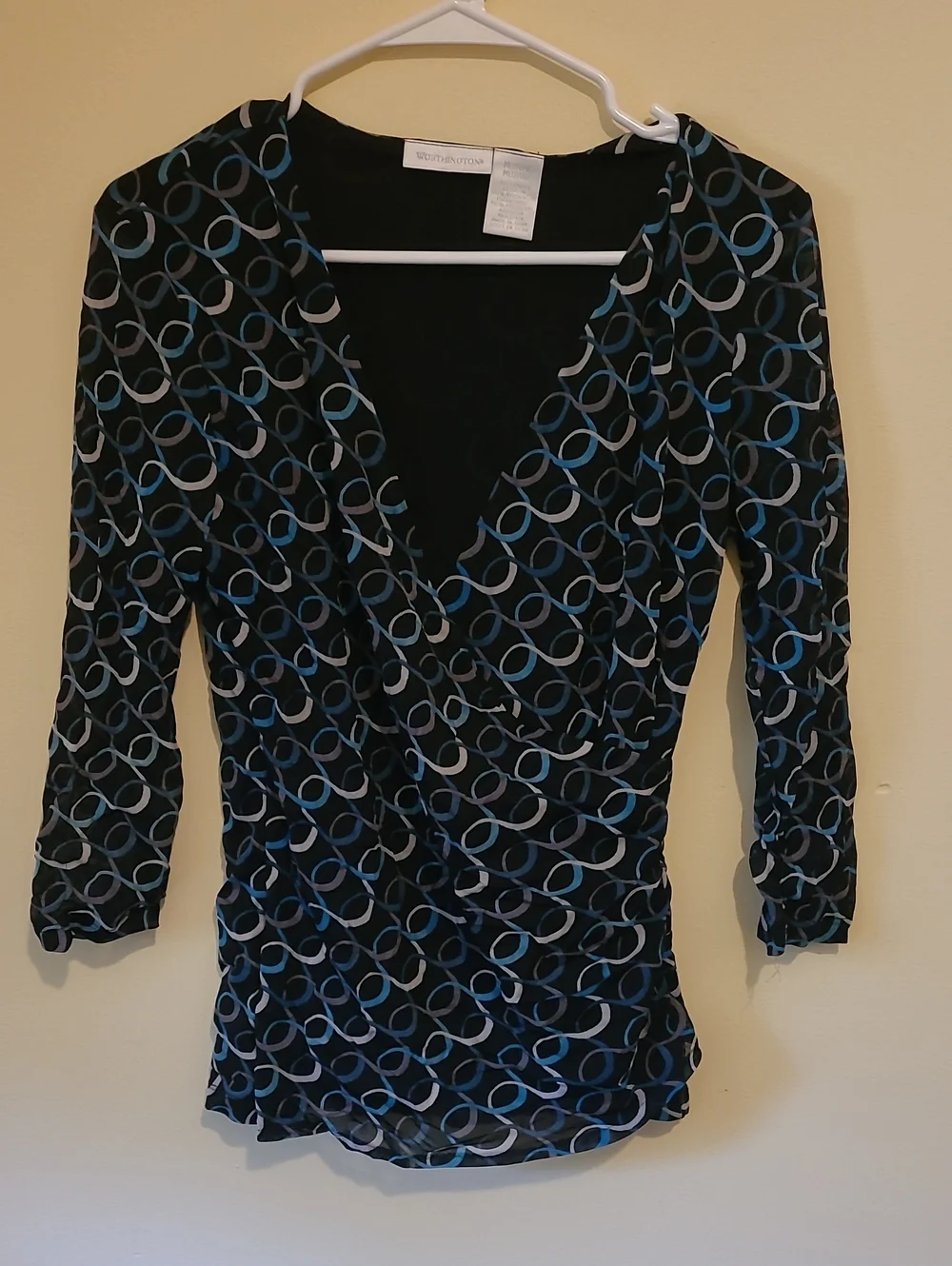 Worthington Black Long-Sleeve Wrap Top with Blue & Gray Ring Print